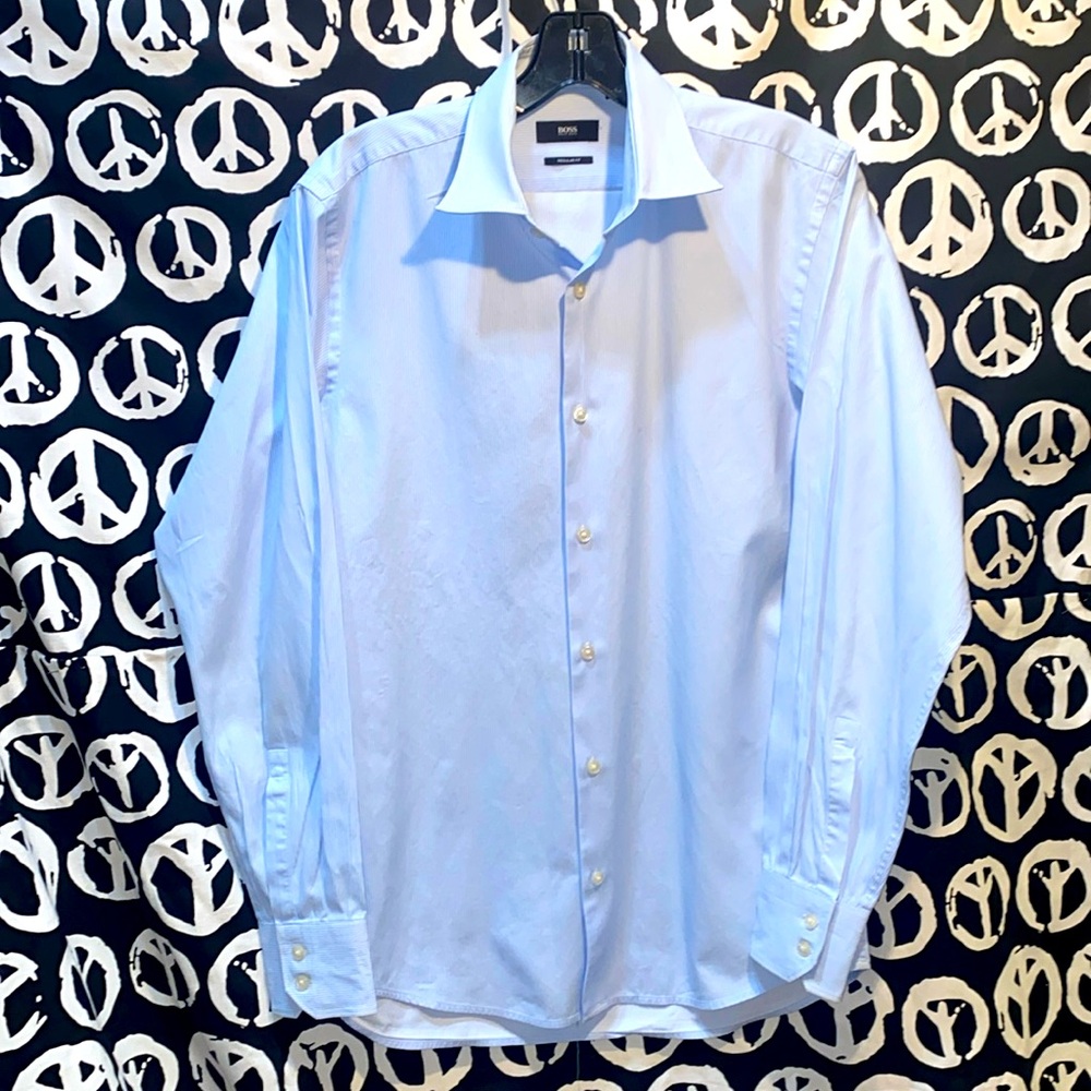 MEN HUGO BOSS REGULAR FIT BLUE/WHITE PINSTRIPED DRESS SHIRT SZ 15
